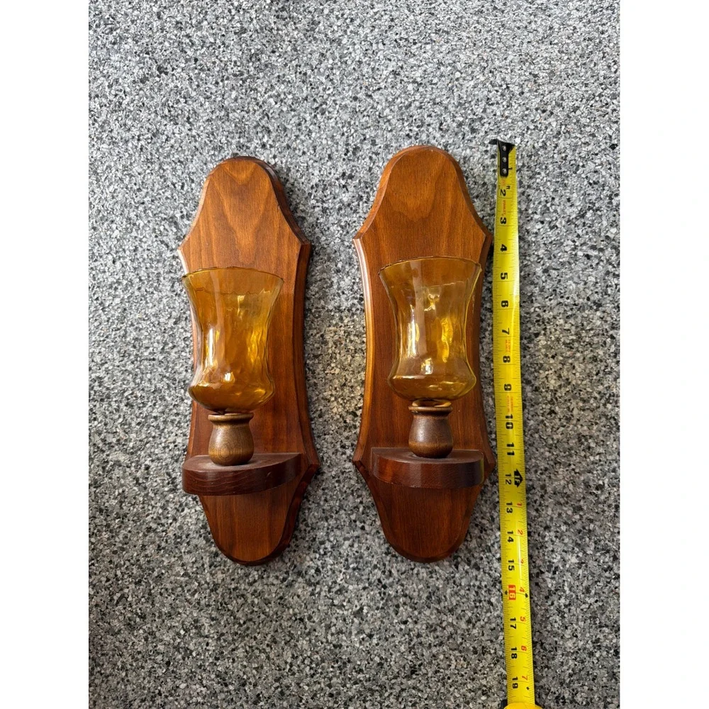 Vintage Wood Wall Sconce Pair Amber Glass Hurricane Candle Holders Mid Century